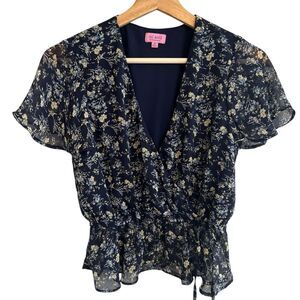 Womens Cottagecore Sheer Navy Floral Top Size S Flutter Sleeve Feminine Prairie